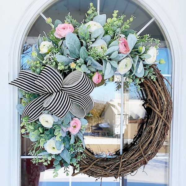 Spring Summer Wreath Lambs Ear with  Eucalyptus, White and Pink Ranunculus Flowers Welcome Front Door Farmhouse Mother's Day