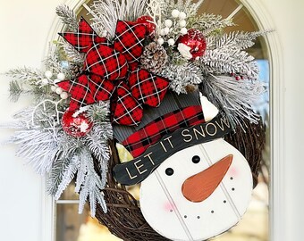 Christmas Winter Snowman Wreath with Let It Snow Wooden Sign Plaid Ribbon & White Berries Farmhouse Front Door Holiday Gift