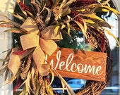 Fall Wreath Everyday Field Grass Burgundy Cream Wildflowers Burlap Ribbon with Wooden Welcome Sign Neutral Front Door
