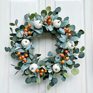 Fall Wreath Bloom White Pumpkin & Dog Rose Buds Welcome Front Door Wreath Everyday Farmhouse Cottage Gift image 4