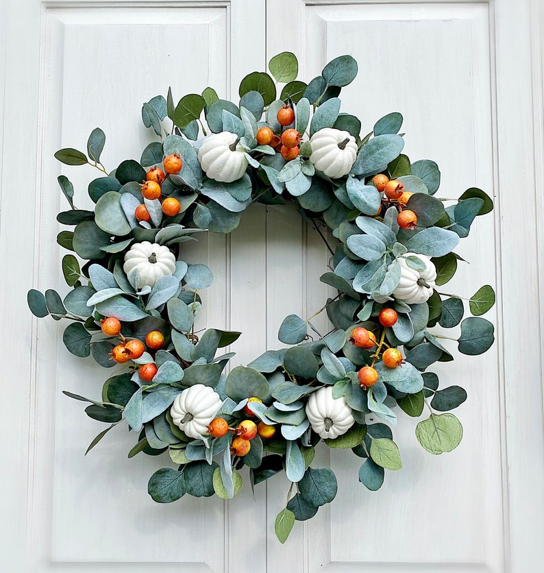 Fall Wreath Bloom White Pumpkin & Dog Rose Buds Welcome Front Door Wreath Everyday Farmhouse Cottage Gift image 4
