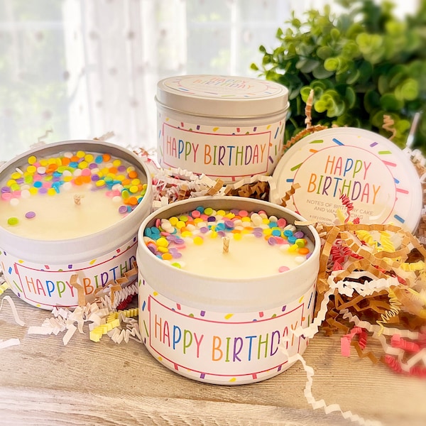 Happy Birthday 6 oz. Handmade Soy Candle Tin w/Lid Hand Poured Birthday Cake and Vanilla Icing Fragrance with Sprinkles Gifts Travel Party