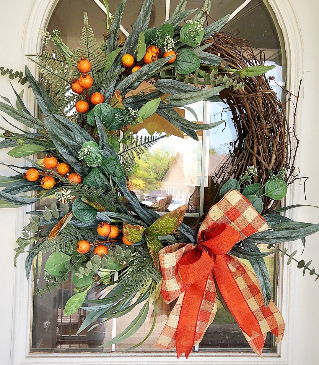 Fall Wreath Front Door Eucalyptus and Fern Mix With Orange Berries ...