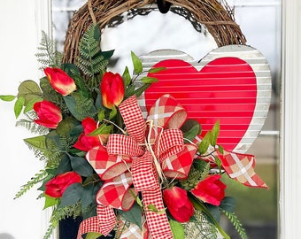 Summer and Spring Wreath Tin Hearts Love with Plaid Double Bows and Red Tulips Welcome Front Door Farmhouse Cottage Valentines Day