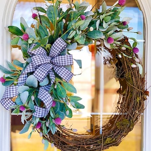 Summer Wreath Spring Wreath Everyday with Purple Clover Flower & Gingham Ribbon Welcome Farmhouse Front Door