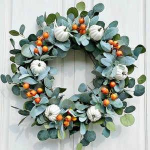 Fall Wreath Bloom White Pumpkin & Dog Rose Buds Welcome Front Door Wreath Everyday Farmhouse Cottage Gift
