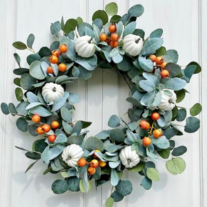 Fall Wreath Bloom White Pumpkin & Dog Rose Buds Welcome Front Door Wreath Everyday Farmhouse Cottage Gift image 1