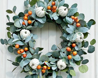 Fall Wreath Bloom White Pumpkin & Dog Rose Buds Welcome Front Door Wreath Everyday Farmhouse Cottage Gift