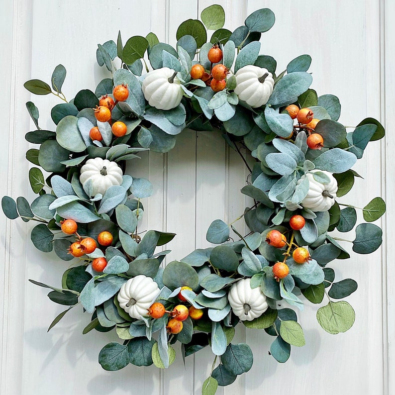 Fall Wreath Bloom White Pumpkin & Dog Rose Buds Welcome Front Door Wreath Everyday Farmhouse Cottage Gift image 1