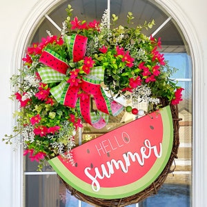 Summer Wreath Hello Watermelon Wreath Wooden Sign Pink Floral Eucalyptus Basswood with Checked and Watermelon Bow for Front Door