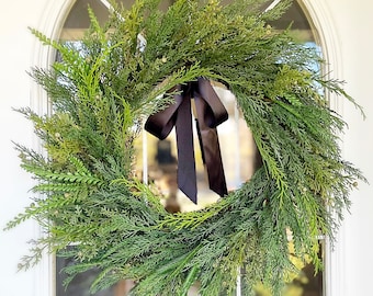 Winter Christmas Holiday Full Wreath Pine and Spruce & Black Silk Ribbon Farmhouse Cottage Front Door Welcome