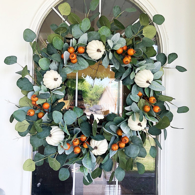 Fall Wreath Bloom White Pumpkin & Dog Rose Buds Welcome Front Door Wreath Everyday Farmhouse Cottage Gift image 2