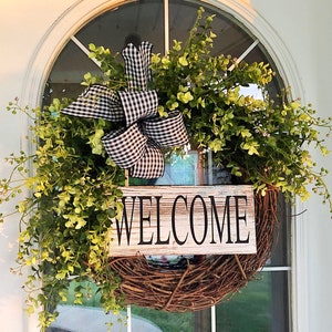 Couronne de bienvenue pour tous les jours, printemps-été, eucalyptus de plage noir et blanc, tilleul de plage, avec panneau en bois, chalet, ferme, automne Check Bow