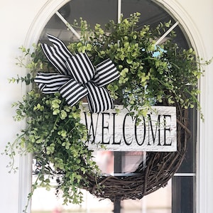 Front Door Wreath Everyday Spring Summer Black and White Eucalyptus Beach Basswood Welcome Wreath with Wooden Sign Cottage Farmhouse Fall
