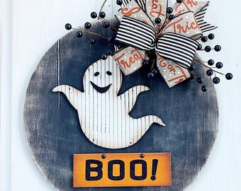 Halloween Door Hanger Boo Welcome Wood Front Door Hanger Sign Black & Orange Ribbon Berries Country Farmhouse Fall Door Hanger