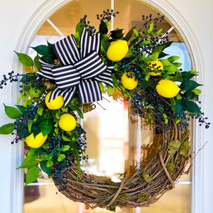 Summer Wreath Lemons & Berries with Black and White Striped Ribbon Front Door Cottage Farmhouse Everyday