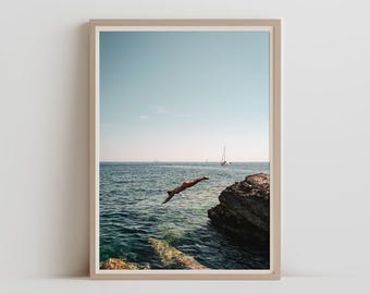 French Riviera Diver Photography, Mediterranean Coastal Print, Summer Ocean Wall Art, Europe Travel Decor
