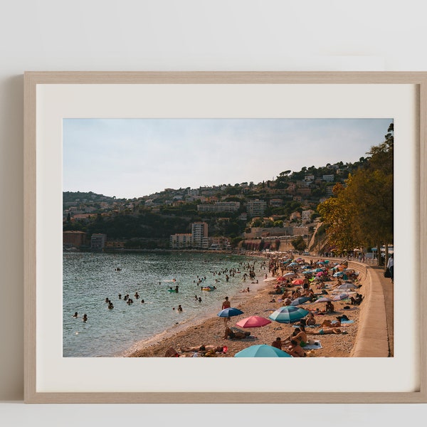 Sunset at Villefranche Beach | Lively French Riviera Atmosphere | Coastal Leisure Scene | Sunseekers & Sparkling Sea | Seaside Town Artwork