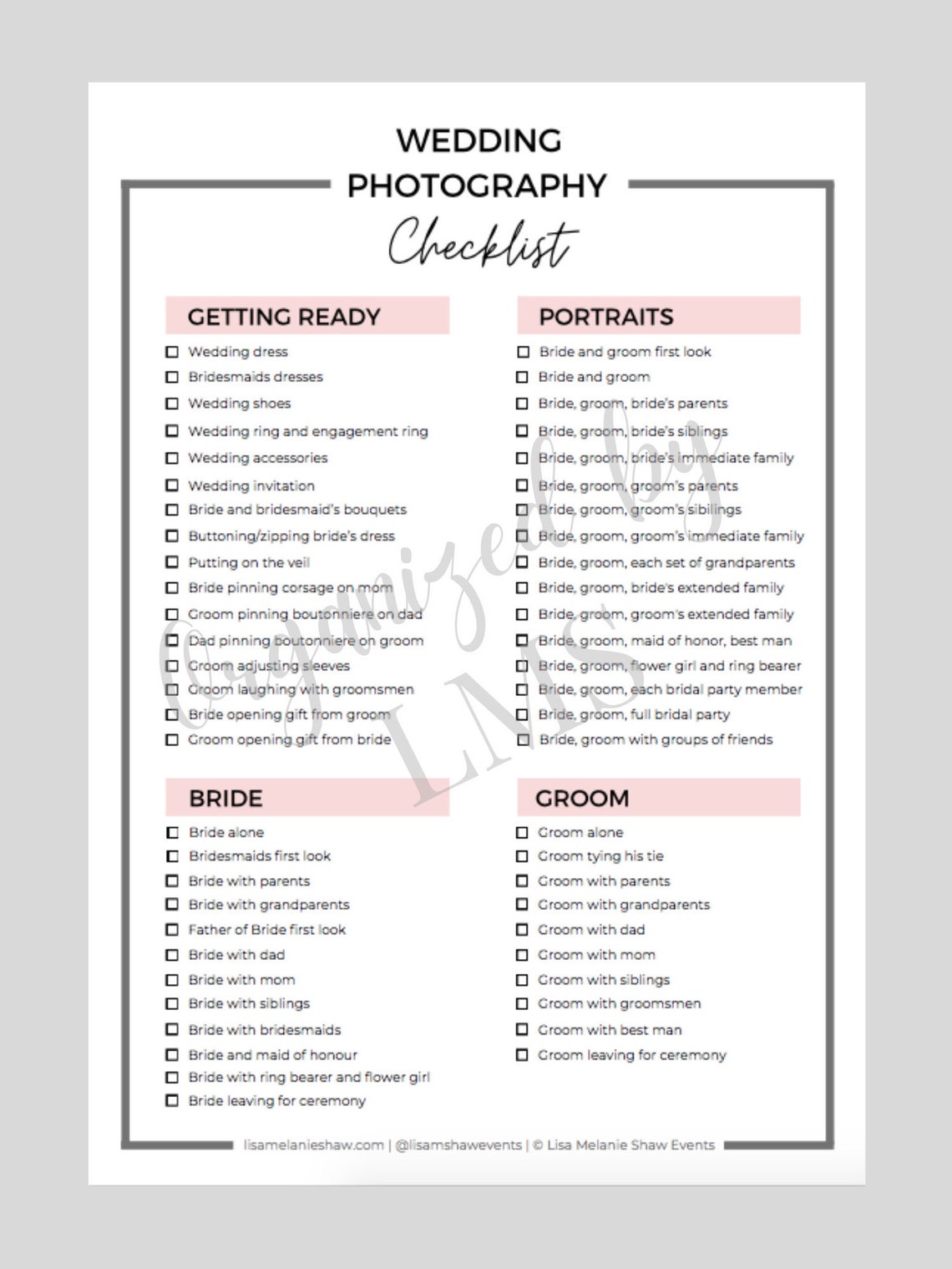 Wedding Photography Checklist Pink Etsy