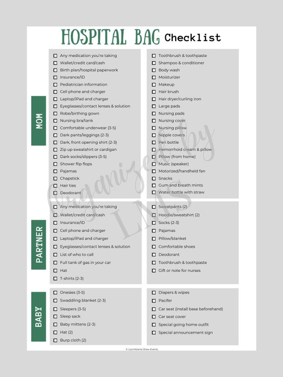 Caesarean Hospital Bag Checklist Digital Download 