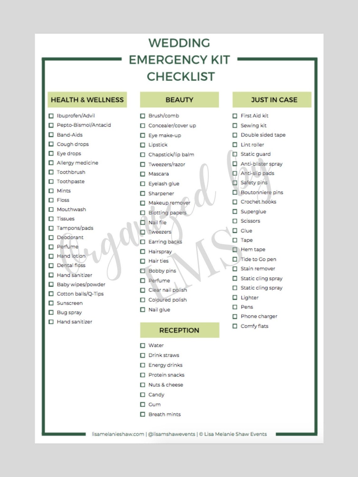 Wedding Emergency Kit Checklist - Green - Etsy