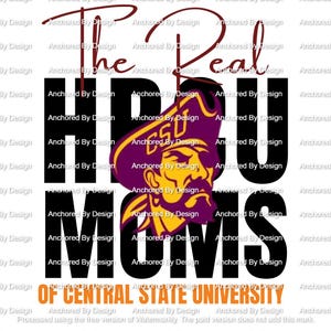 May include: A white graphic design featuring the text "The Real HPU Moms" in black, with a pirate-themed mascot in maroon, gold, and yellow. The phrase "Of Central State University" is in orange.