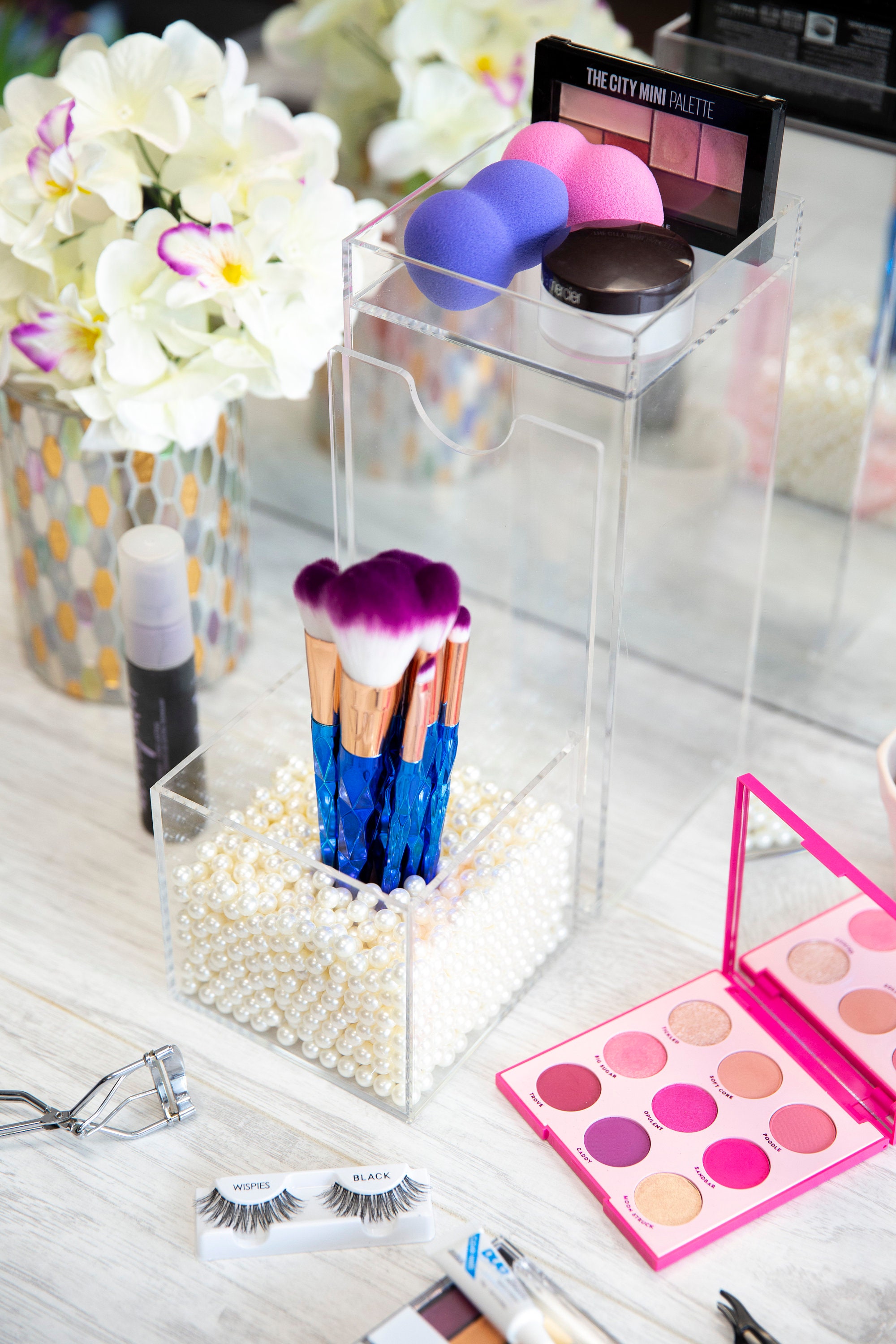 Acrylic Makeup Brush Organizer with beads and convenient Etsy