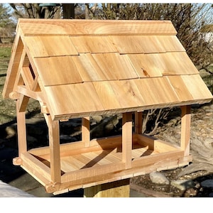 Timber Frame style Bird Feeder, Picnic Shelter style, Platform feeder, Cedar with Shake Shingled Roof, Handcrafted, Rustic, Fly through,