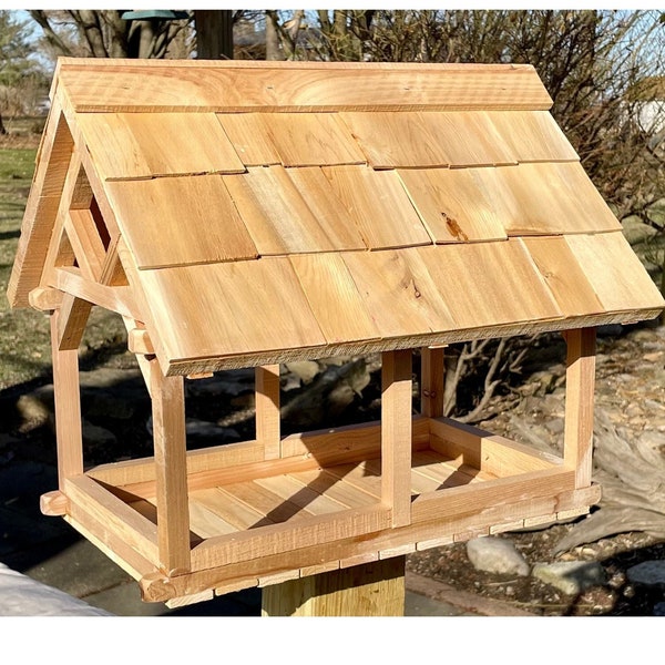 Timber Frame style Bird Feeder, Picnic Shelter style, Platform feeder, Cedar with Shake Shingled Roof, Handcrafted, Rustic, Fly through,