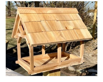 Timber Frame style Bird Feeder; Pavilion; Handcrafted; Rustic; Fly through; Picnic Shelter Style Bird Feeder; Shake Shingled Roof; Unique