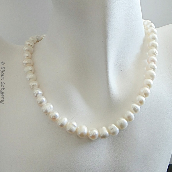 Collier blanc nacre femme, perles de culture d'eau douce naturelles, style ras de cou perles blanches, longueur personnalisée, grande taille
