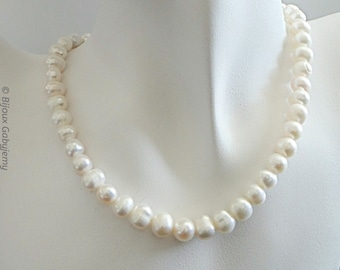 Collier blanc nacre femme, perles de culture d'eau douce naturelles, style ras de cou perles blanches, longueur personnalisée, grande taille