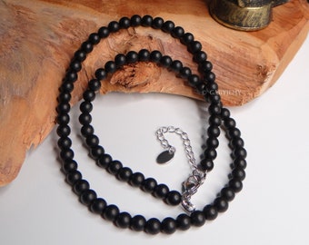 Collier Homme Perle - Noir - Ras de Cou Homme - Simple - Collier Perle Homme - Collier Homme - Perles 6 mm - Pierre - Bijoux homme