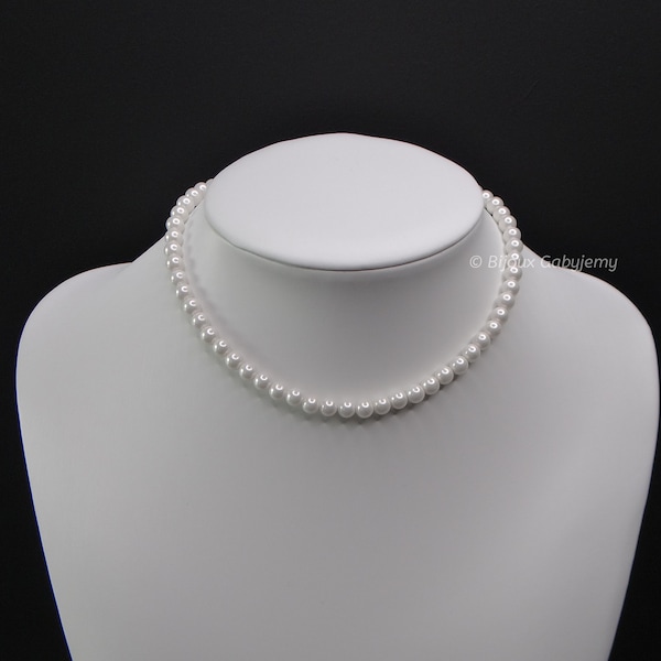 Collier Perles Blanches Femme, Ras de Cou, Perles de Coquillage Nacre, Tendance Classique et Simple