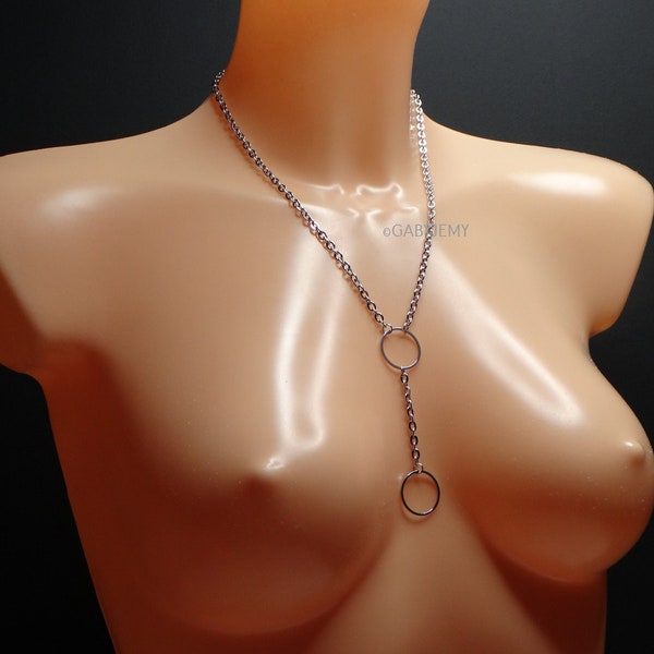 Collier long avec long pendentif femme, couleur argent, chaîne en acier inoxydable, tendance, mode, rock, style fantaisie