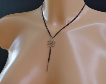 Long Y pendant necklace with flower in black or blue fancy chain, ideal necklace for a plunging neckline