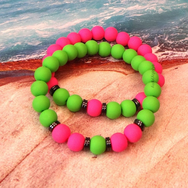 Bracelet fluo / Bracelet perle fluo, vert ou rose, fluorescent, néon / Bijoux d'été, de plage à la mode pour homme et femme