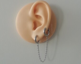 Double boucle d'oreille créole avec chaîne / chaînette, double trou, homme ou femme, couleur argent, acier inoxydable, style fantaisie