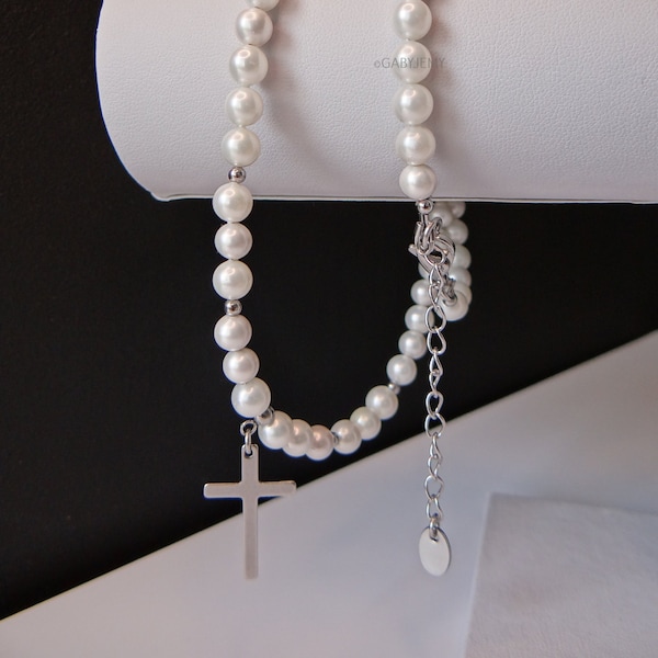 Collier perles blanches et croix, homme, collier ras de cou croix, collier blanc en perles avec croix, véritable perle en coquillage, nacré