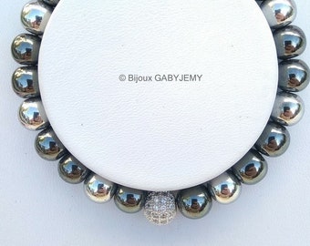 Bracelet Hématite femme avec Perles en Pierre Naturelle, Couleur Argent, Bracelet adapté grande Taille et Petite Taille