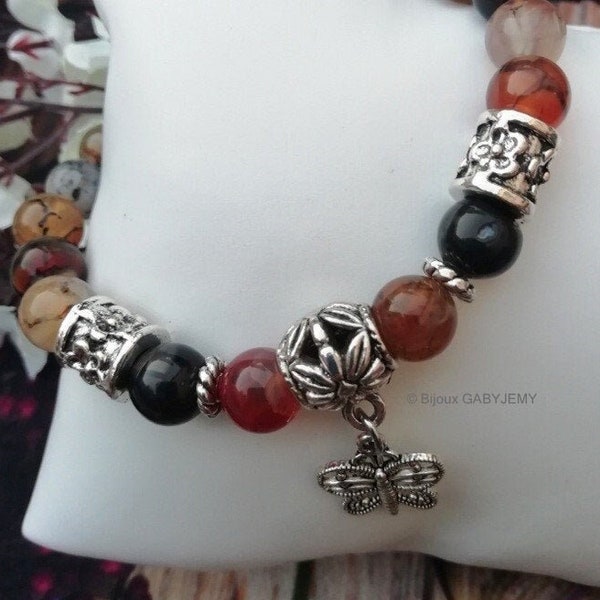 Bracelet calcédoine - Bracelet marron en pierre pour femme avec perles et breloques
