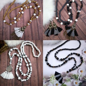 Long Collier-Sautoir en perles bois au style mala avec pompon, mode Bohème-chic, Hippie-Chic pour femme image 10