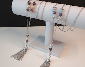Collier femme - Long sautoir bohème avec pendentif pompon et perles - Chaîne acier inoxydable argent - Bijoux bohème - Sautoir romantique