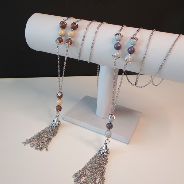 Collier femme - Long sautoir bohème avec pendentif pompon et perles - Chaîne acier inoxydable argent - Bijoux bohème - Sautoir romantique