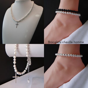 Collier Perles Blanches Homme, Ras de Cou, Collier Blanc en Perles à la Mode, en Véritable Perle de coquille Nacre, Toute Taille image 6