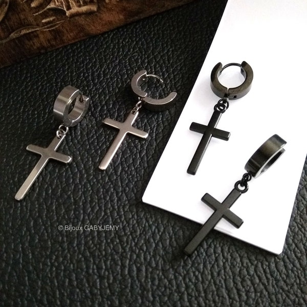 Petites créoles épaisses avec croix, noir ou argent, boucle d oreille homme, boucle d'oreille croix, bijoux gothiques, viking, celtique