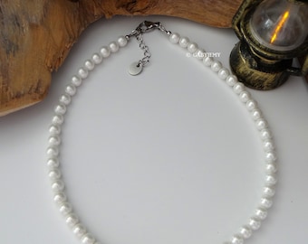 Collier Perles Blanches Homme, Ras de Cou, Collier Blanc en Perles à la Mode, en Véritable Perle de coquille Nacre, Toute Taille