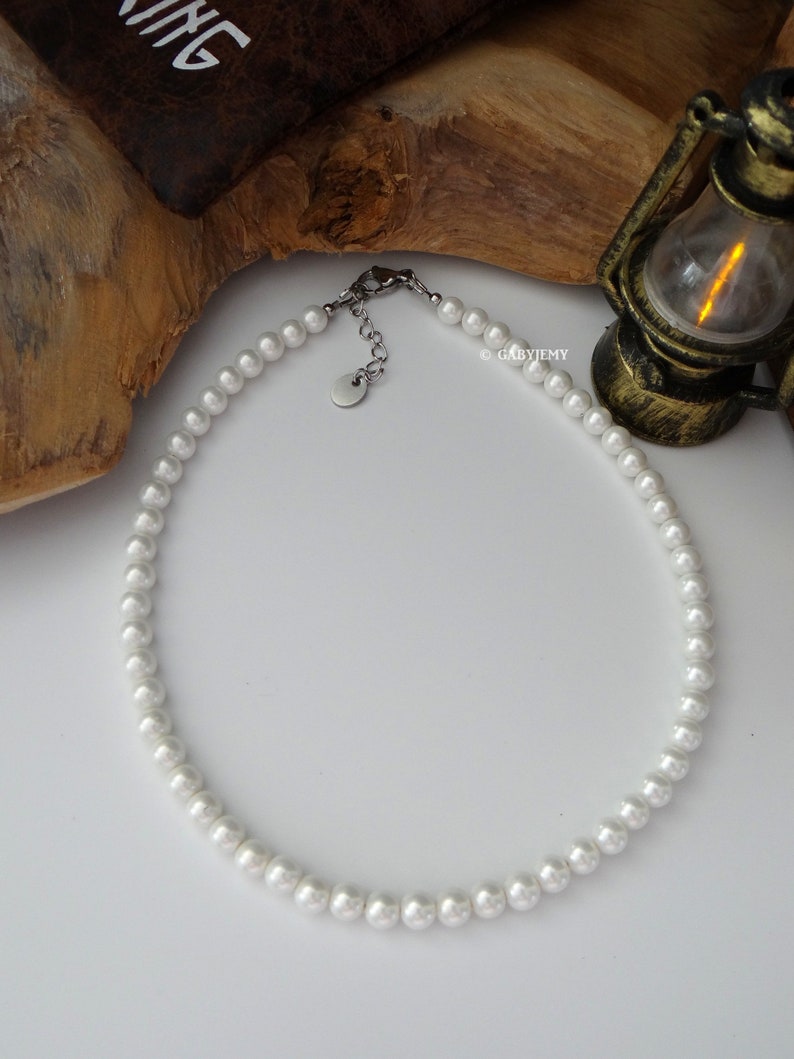 Collier Perles Blanches Homme, Ras de Cou, Collier Blanc en Perles à la Mode, en Véritable Perle de coquille Nacre, Toute Taille image 1