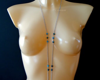 Long women's chain, stainless silver color, necklace style necklace pearls in natural stone, several rows