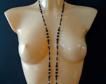 Sautoir bohème en perles / Collier long style charleston, couleur noir ou blanc, perle en verre, bijoux vintage pour femme